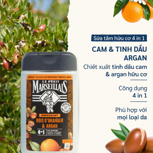  Sữa Tắm Gội Nam Le Petit Marseillais 4in1 Chiết Xuất Gỗ Cam & Argan 250ML 
