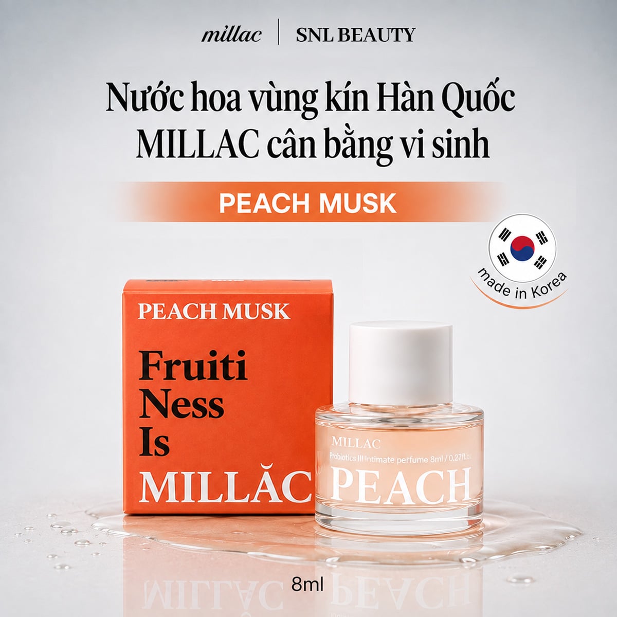 MILLAC Nước Hoa Vùng Kín Peach Musk 8 ml | Millac Probiotics III Intimate Perfume Peach Musk