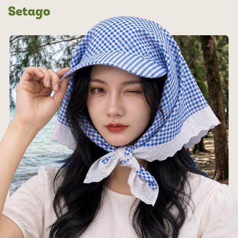 Mũ che nắng kèm khăn trùm đầu Setago họa tiết ca rô viền ren phong cách nữ tính