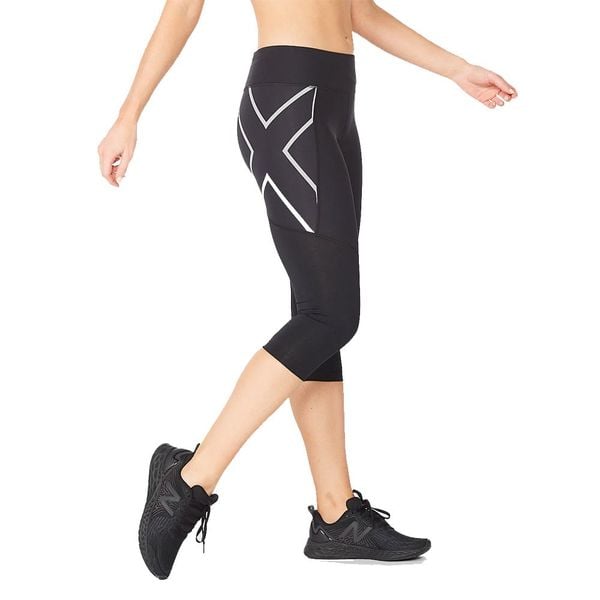 Quần Bó Cơ Chạy Bộ Nữ 2XU Aero Vent Mid-Rise Compression 3/4 Tights - Black/Silver