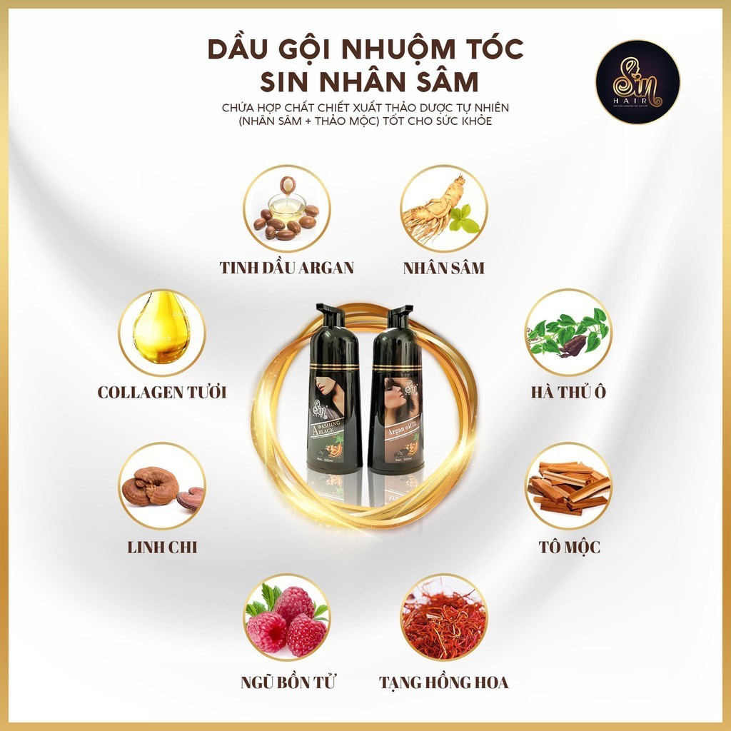 Dầu gội phủ bạc Sin Hair, dầu gội nhân sâm Nhật Bản Mẫu Mới  500ml tặng nón trùm ủ dày