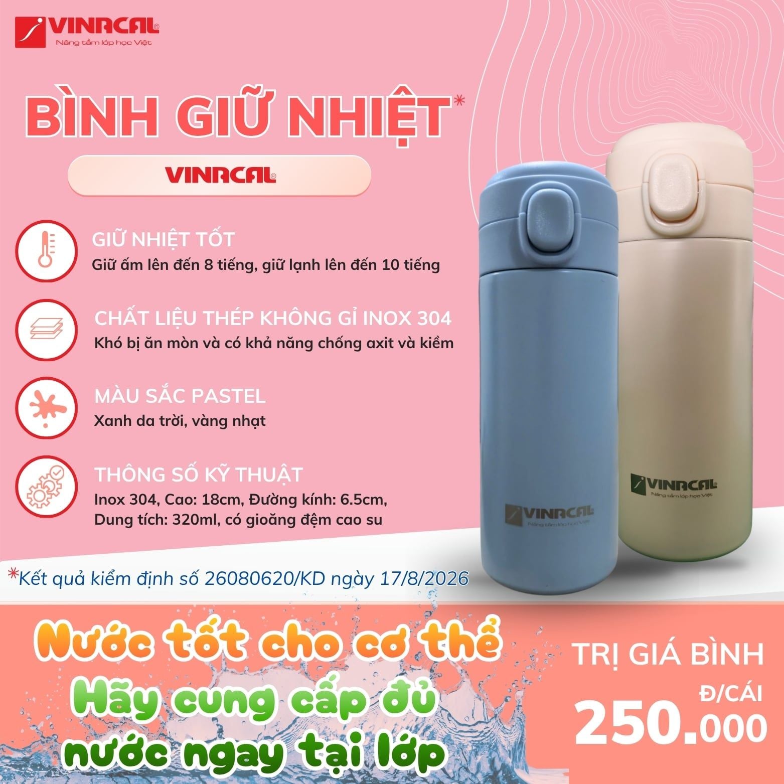  Bình Giữ Nhiệt Vinacal 320ml Inox 304, Giữ Nóng Lạnh, Thiết Kế Nhỏ Gọn 