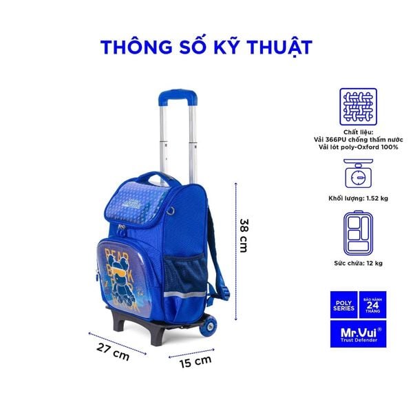 Balo kéo Mr Vui BLK 1040, cặp kéo cho bé trai, bé gái cấp 1, học sinh tiểu học chống thấm cao cấp