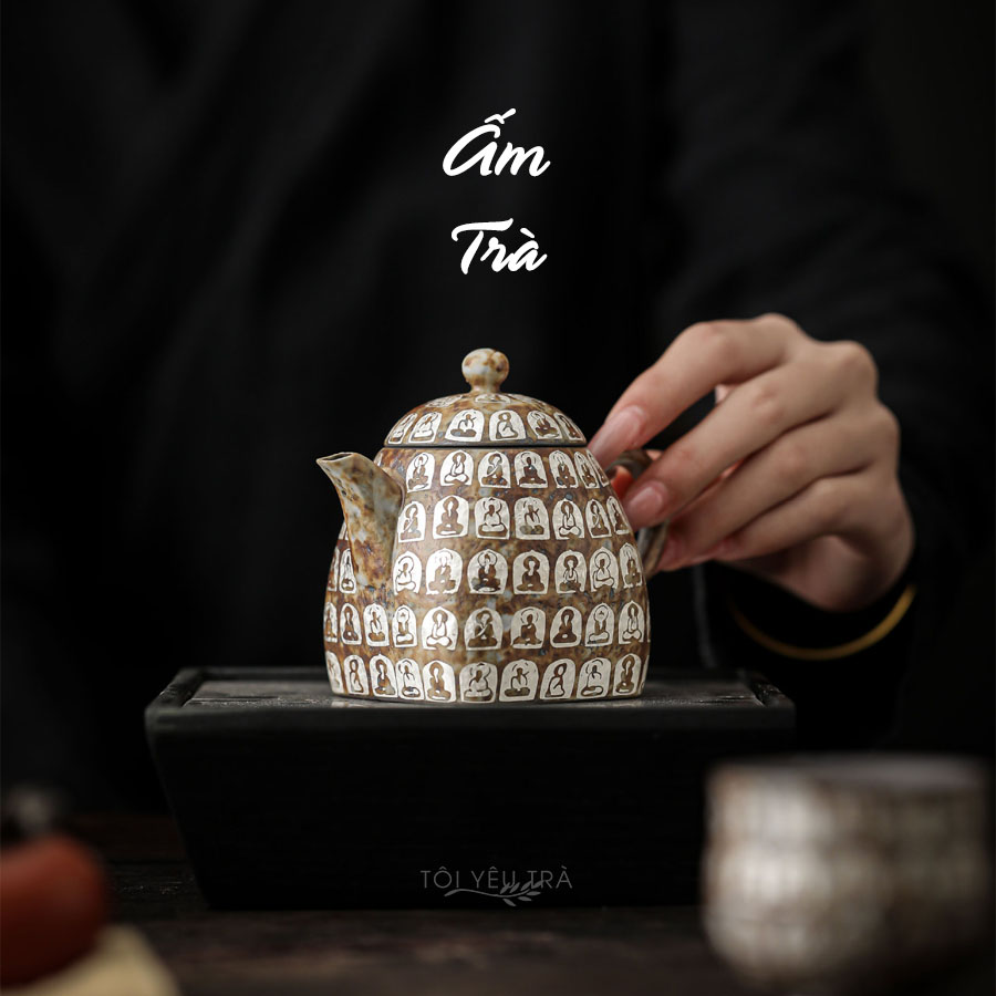 Ấm trà thiền họa tiết vạn Phật phong cách Wabi-Sabi