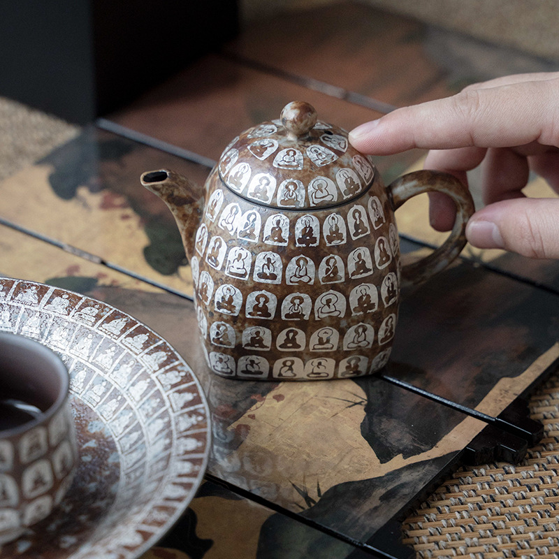 Ấm trà thiền họa tiết vạn Phật phong cách Wabi-Sabi