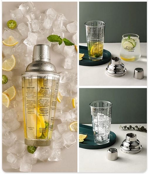 Bình pha chế bình lắc cocktail thủy tinh in công thức pha chế có nắp inox 304 cao cấp