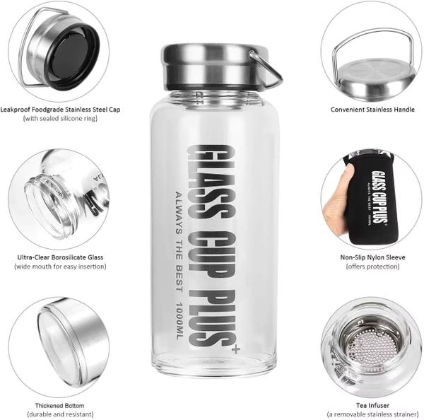 Bình Cold Brew Thủy Tinh Borosilicate Cao Cấp — Lọc Inox 304, Túi Neoprene Chống Sốc