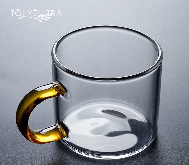 Bộ Chén Thủy Tinh Uống Trà 6 Cái Quai Màu Hổ Phách