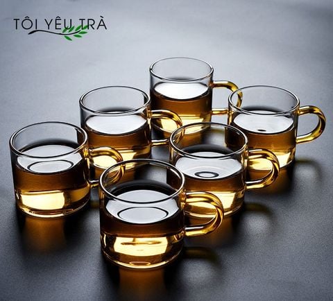 Bộ Chén Thủy Tinh Uống Trà 6 Cái Quai Màu Hổ Phách