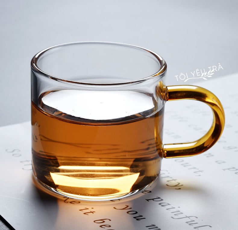 Bộ Chén Thủy Tinh Uống Trà 6 Cái Quai Màu Hổ Phách