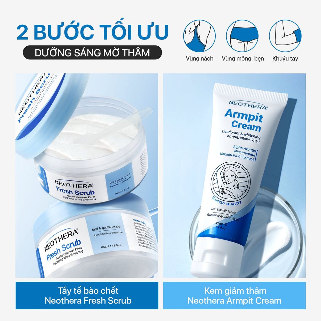 Bộ Đôi Giảm Thâm Dưỡng Trắng Nách V3 Neothera - Tẩy tế bào Fresh Scrubs & Kem nách Armpit Cream