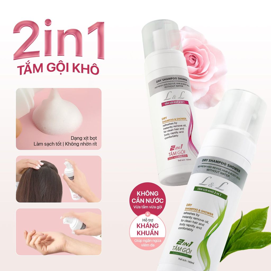 Tắm Gội Khô 2in1 L&L - Hương Trà Xanh & Hoa Hồng Pháp (160ml)