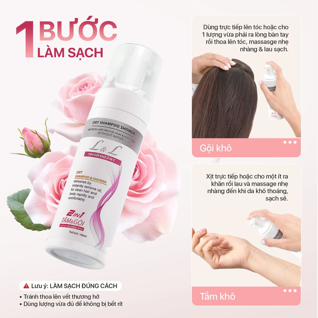 Tắm Gội Khô 2in1 L&L - Hương Trà Xanh & Hoa Hồng Pháp (160ml)