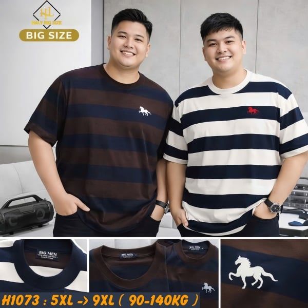 Áo thun nam big size cotton sọc thêu ngựa lịch lãm H1073