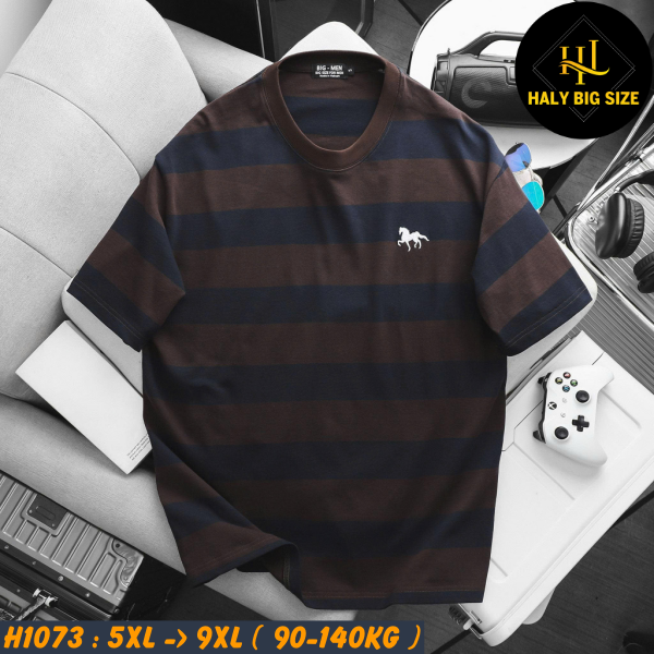 Áo thun nam big size cotton sọc thêu ngựa lịch lãm H1073