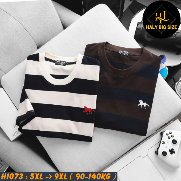 Áo thun nam big size cotton sọc thêu ngựa lịch lãm H1073