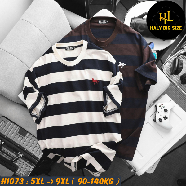 Áo thun nam big size cotton sọc thêu ngựa lịch lãm H1073