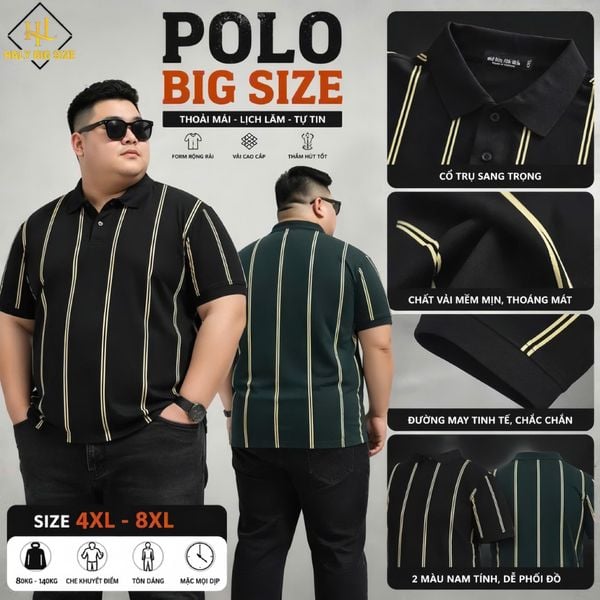 Áo polo nam big size cotton phối sọc lịch lãm H1075