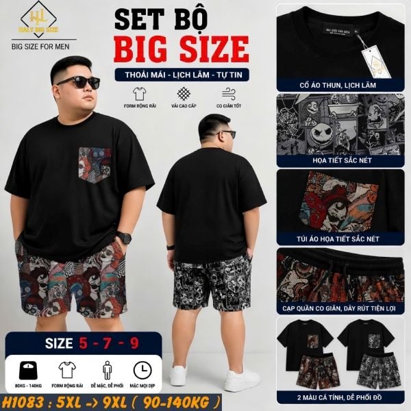 Đồ bộ nam big size áo cotton quần vải jean gấm họa tiết H1083
