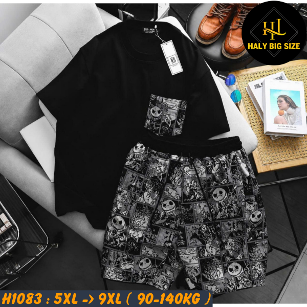 Đồ bộ nam big size áo cotton quần vải jean gấm họa tiết H1083