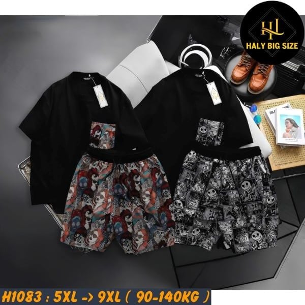 Đồ bộ nam big size áo cotton quần vải jean gấm họa tiết H1083