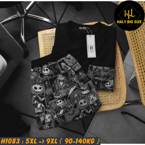 Đồ bộ nam big size áo cotton quần vải jean gấm họa tiết H1083
