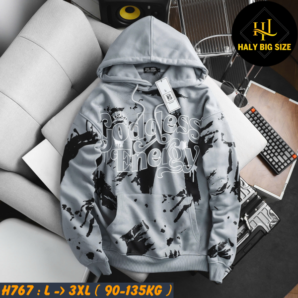 Áo khoác hoodie nam big size màu xám in lụa toàn thân H767