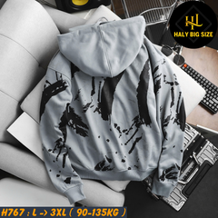 Áo khoác hoodie nam big size màu xám in lụa toàn thân H767