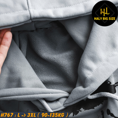 Áo khoác hoodie nam big size màu xám in lụa toàn thân H767