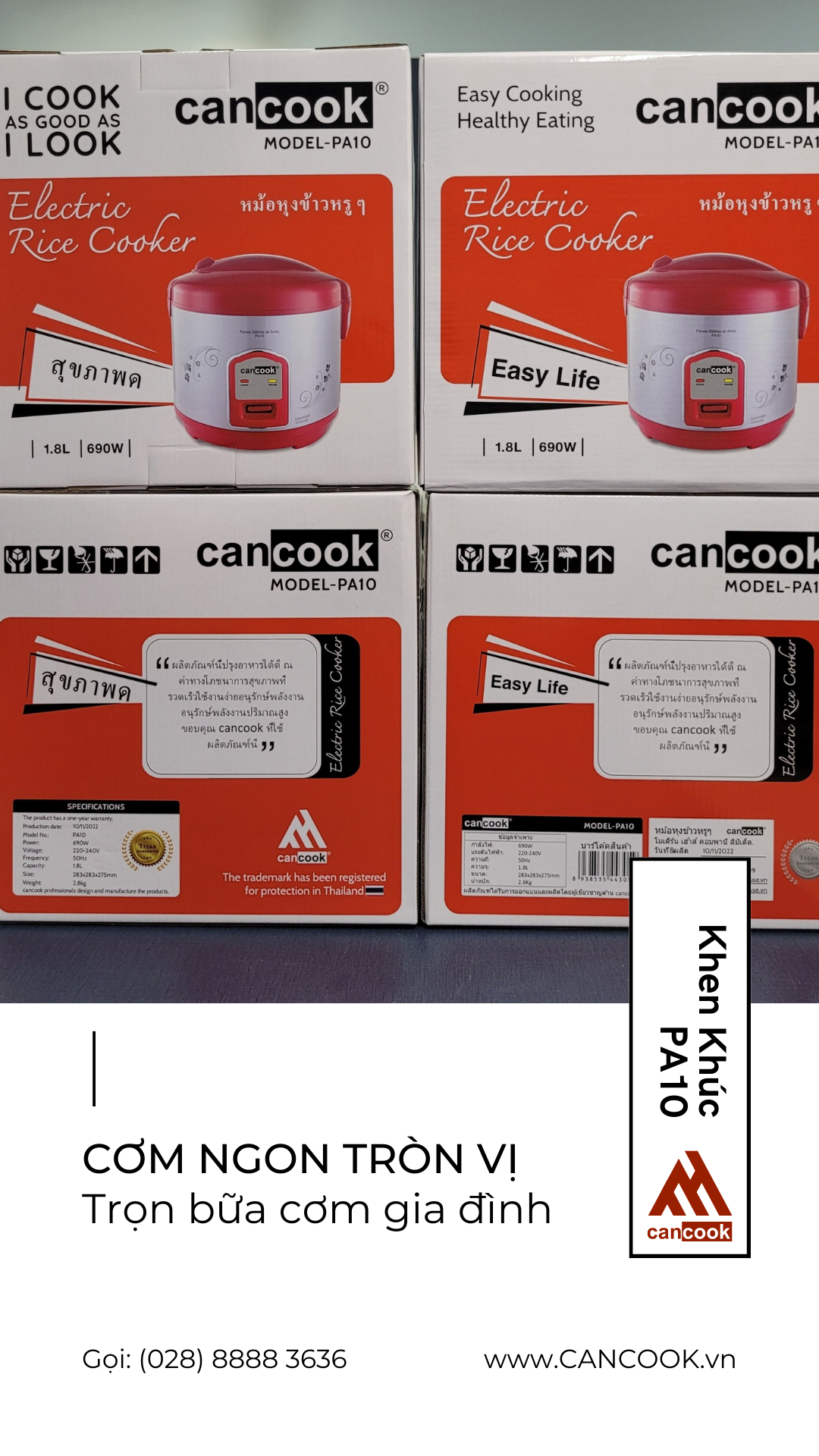 Nồi cơm điện nắp gài lòng nồi tráng men 1.8 lít PA10 hiệu CANCOOK mới 100%