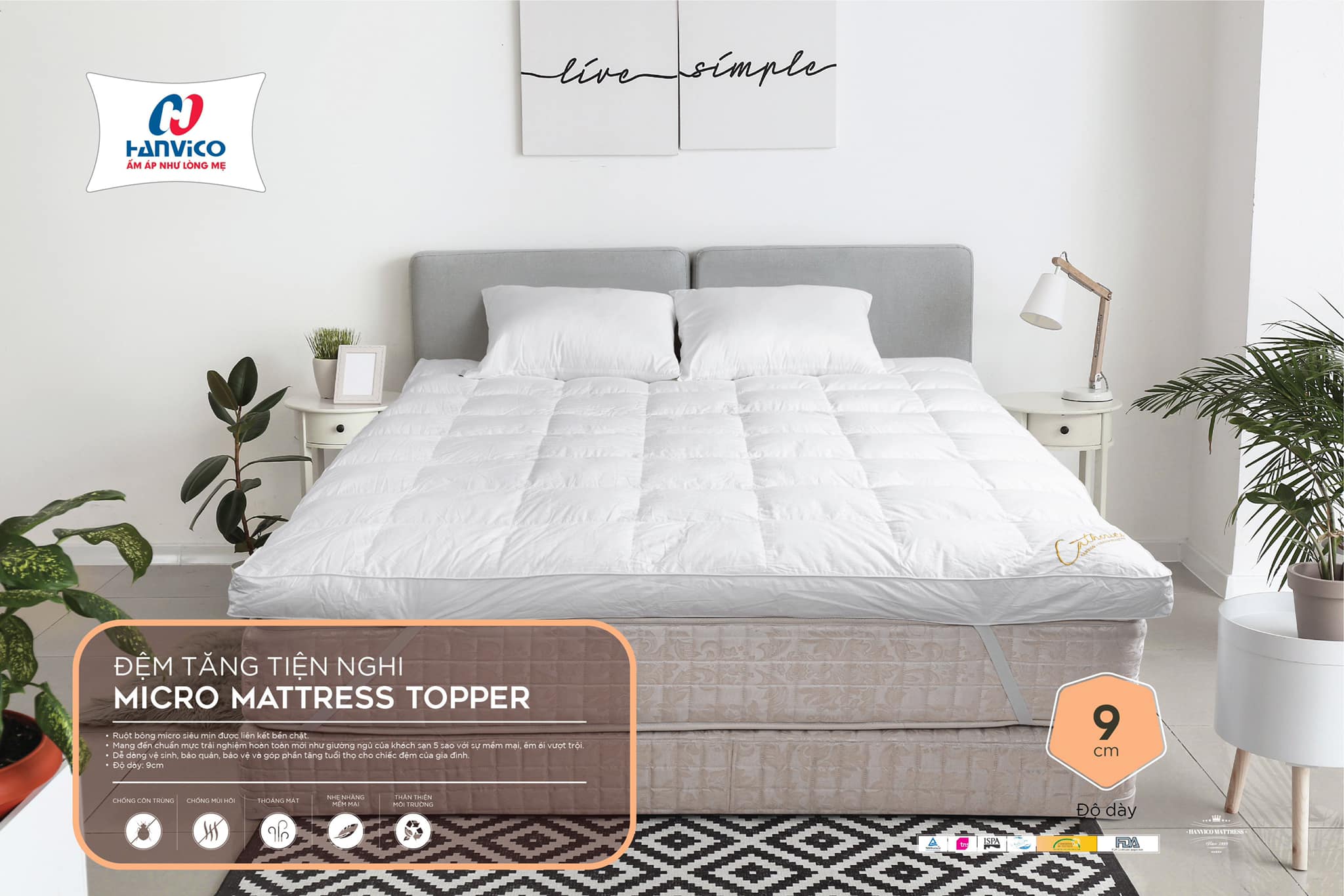 Topper Microfiber HANVICO tiêu chuẩn khách sạn 5 sao