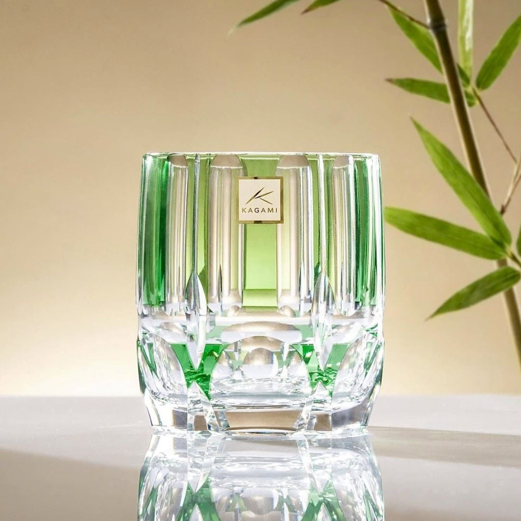 Ly pha lê rock glass Edo Kiriko 'Bamboo Zen' 250ml màu xanh lá | Kagami Crystal T117 - 1908-CGR