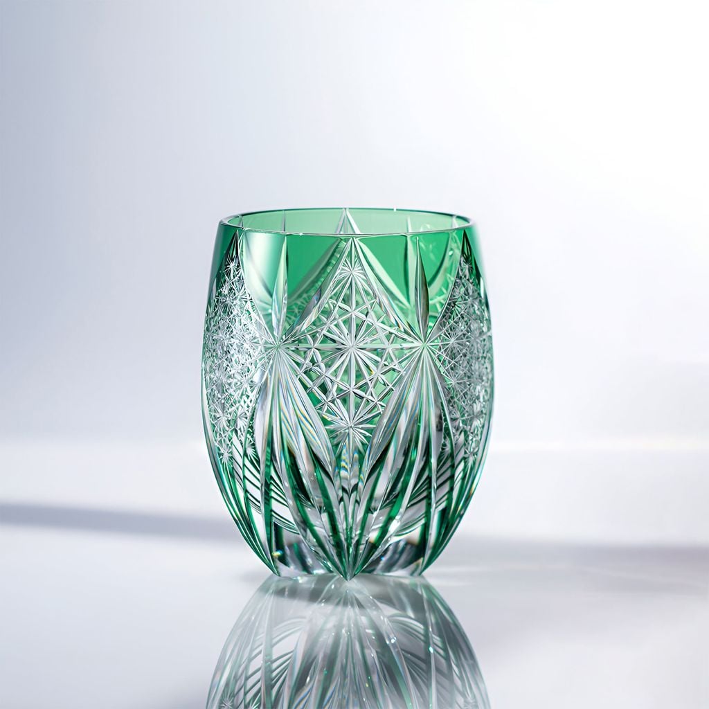 Ly pha lê rock glass Edo Kiriko 'Subaru' 320ml màu xanh lá được chế tác bởi nghệ nhân Tatsuya Nemoto | Kagami Crystal T428 - 3006-CGR