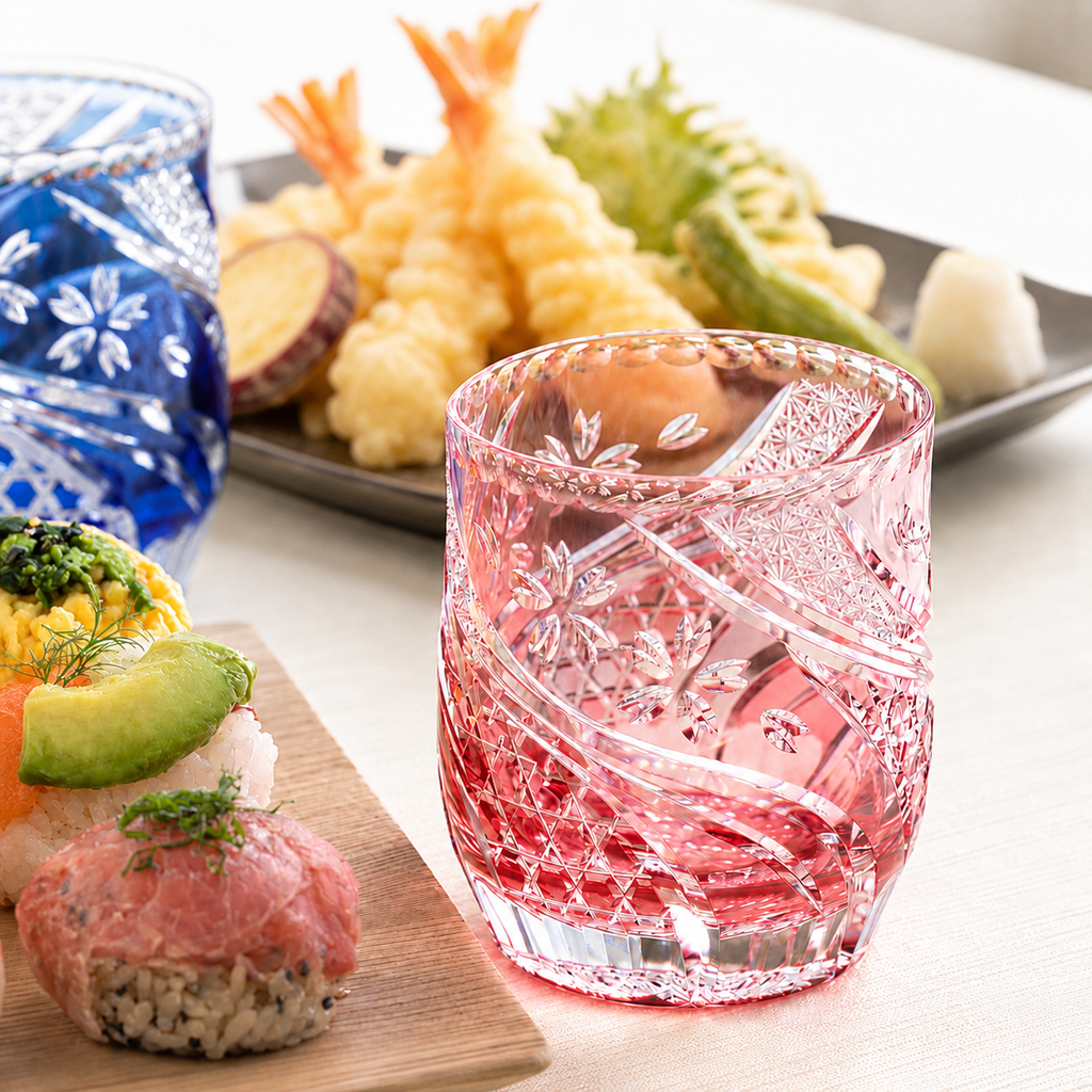 Ly pha lê rock glass Edo Kiriko 'Sakura Nagashi' 330ml màu đỏ | Kagami Crystal T753 - 2996-CAU