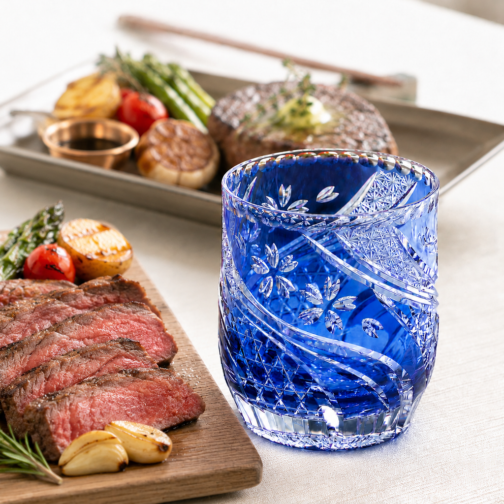 Ly pha lê rock glass Edo Kiriko 'Sakura Nagashi' 330ml màu xanh cobalt | Kagami T753 - 2996-CCB