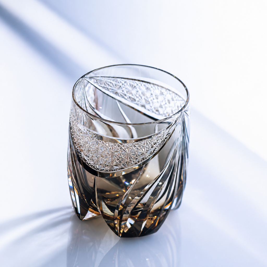 Ly pha lê rock glass Edo Kiriko 'Toranomai' 330ml màu trà được chế tác bởi nghệ nhân Tatsuya Nemoto | Kagami Crystal T754 - 3004-WUK