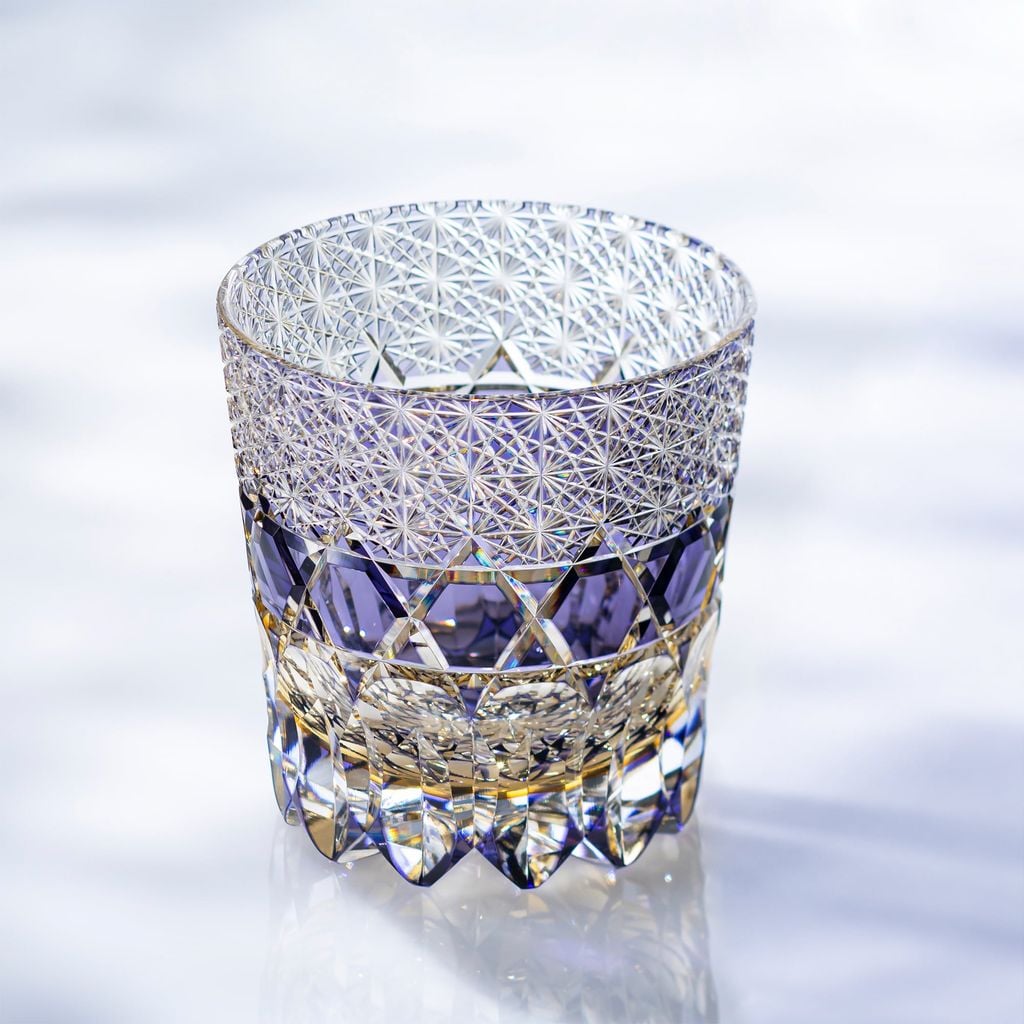 Ly pha lê rock glass Edo Kiriko 'Shiho' 320ml màu tím được chế tác bởi nghệ nhân Tomokazu Noguchi | Kagami Crystal T755 - 3009-WUP