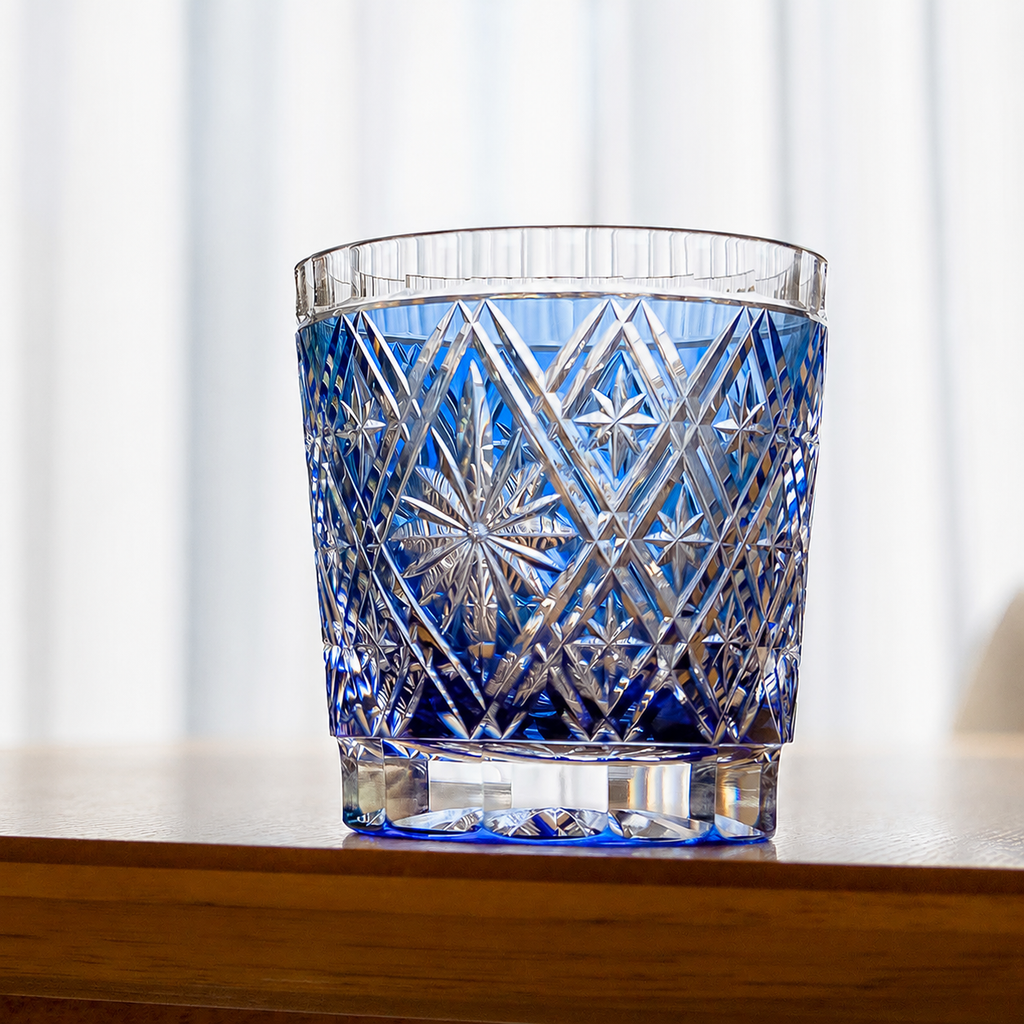 Ly pha lê rock glass Edo Kiriko 'Hishibana' 320ml màu xanh cobalt được chế tác bởi nghệ nhân Hideaki Shinozaki | Kagami Crystal T787 - 3032-CCB