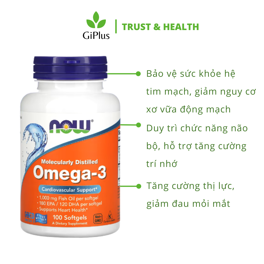  Viên Uống Dầu Cá NOW Omega-3 Fish Oil 1000mg Hỗ Trợ Tim Mạch, Cải Thiện Thị Lực   (100 viên/lọ) 