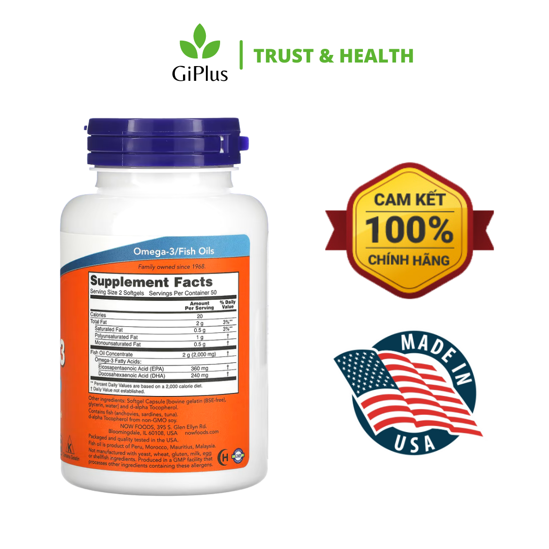  Viên Uống Dầu Cá NOW Omega-3 Fish Oil 1000mg Hỗ Trợ Tim Mạch, Cải Thiện Thị Lực   (100 viên/lọ) 