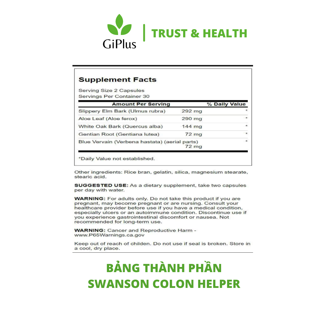  Viên Uống Swanson Colon Helper Herbal Formula Hỗ Trợ Cải Thiện Chức Năng Đại Tràng Tiêu Hóa (60 Viên/Lọ) 