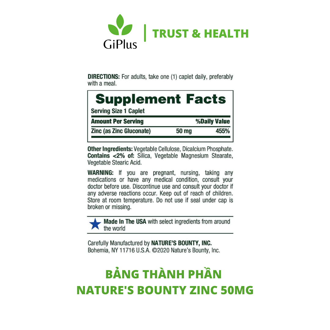  Viên Uống Nature’s Bounty Zinc 50mg Bổ Sung Kẽm, Tăng Đề Kháng,  Cải Thiện Sinh Lý Nam Giới (100 viên/lọ) 