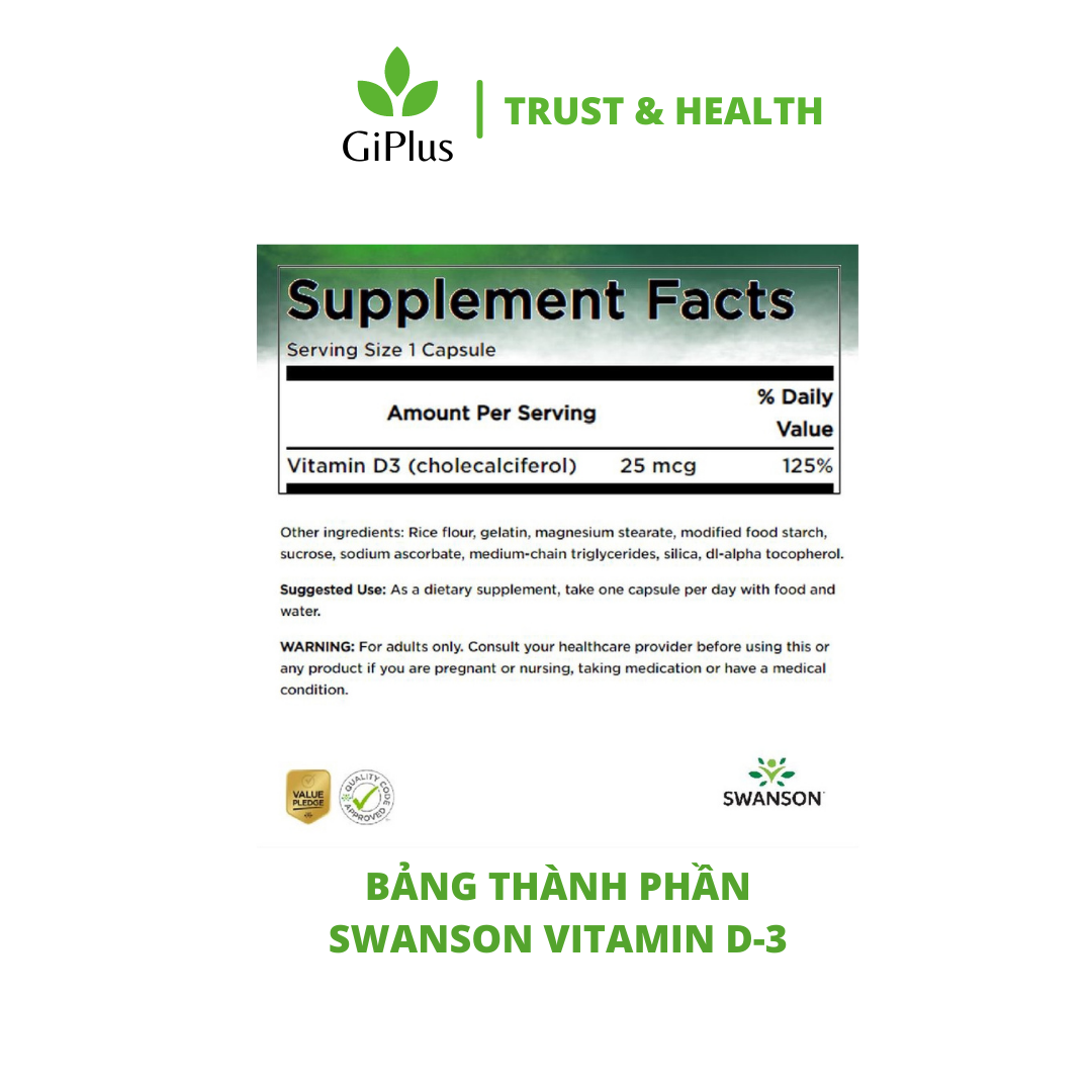  Viên Uống Swanson Vitamin D3 1,000 IU Cung Cấp Vitamin D3, Ngăn Ngừa Loãng Xương (250 viên/lọ) 