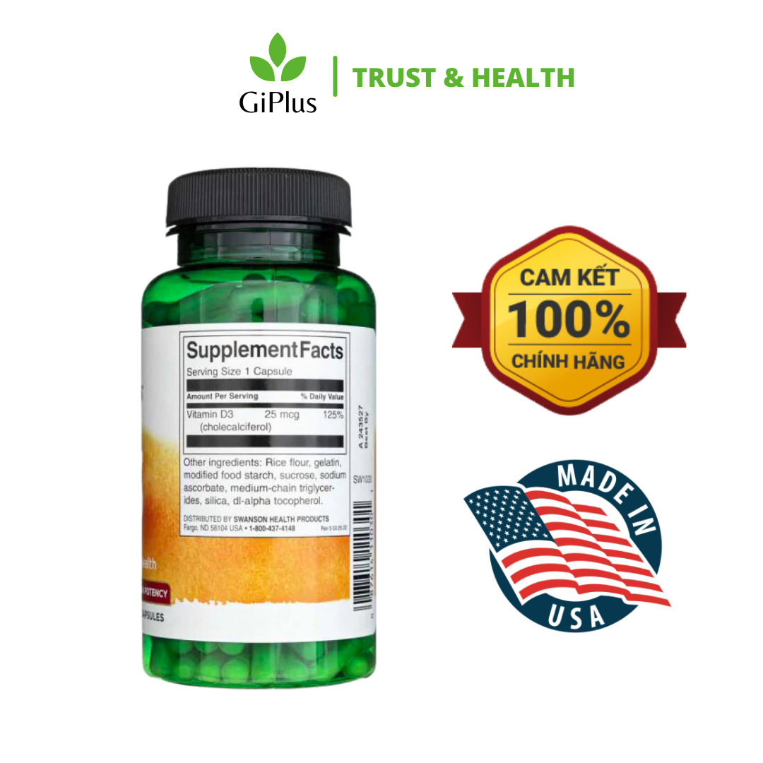  Viên Uống Swanson Vitamin D3 1,000 IU Cung Cấp Vitamin D3, Ngăn Ngừa Loãng Xương (250 viên/lọ) 