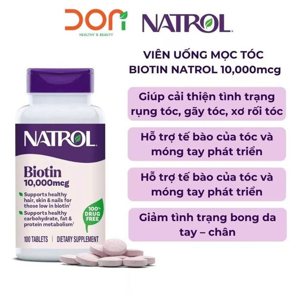  Viên Uống Hỗ Trợ Mọc Tóc, Móng Natrol Biotin 10.000mcg (100 Viên/Lọ) 