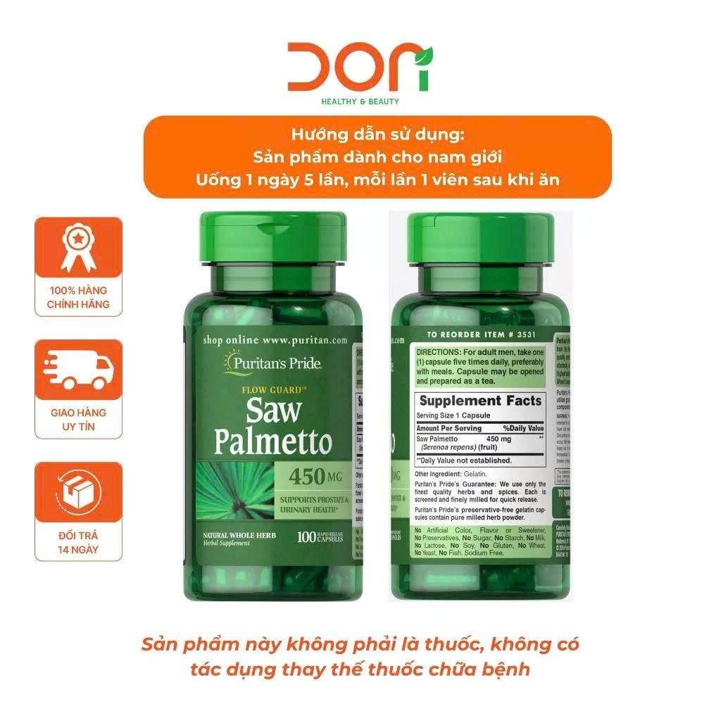  Viên Uống Hỗ Trợ Đường Tiết Niệu và Tuyến Tiền Liệt Khỏe Mạnh Saw Palmetto Puritan’s Pride 450mg 