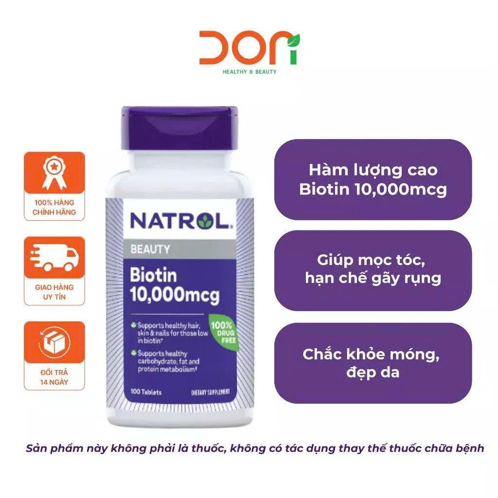  Viên Uống Hỗ Trợ Mọc Tóc, Móng Natrol Biotin 10.000mcg (100 Viên/Lọ) 