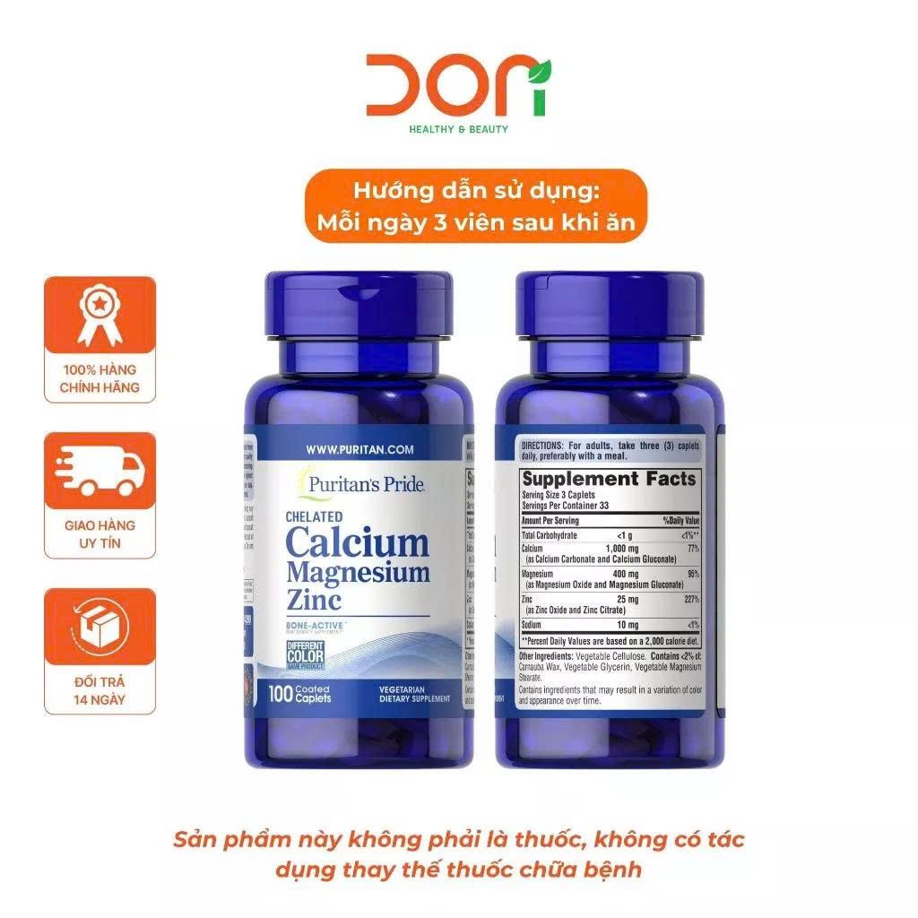  Viên Uống Puritan's Pride Chelated Calcium Magnesium Zinc Hỗ Trợ Chắc Khỏe Xương Khớp (100 Viên/Lọ) 