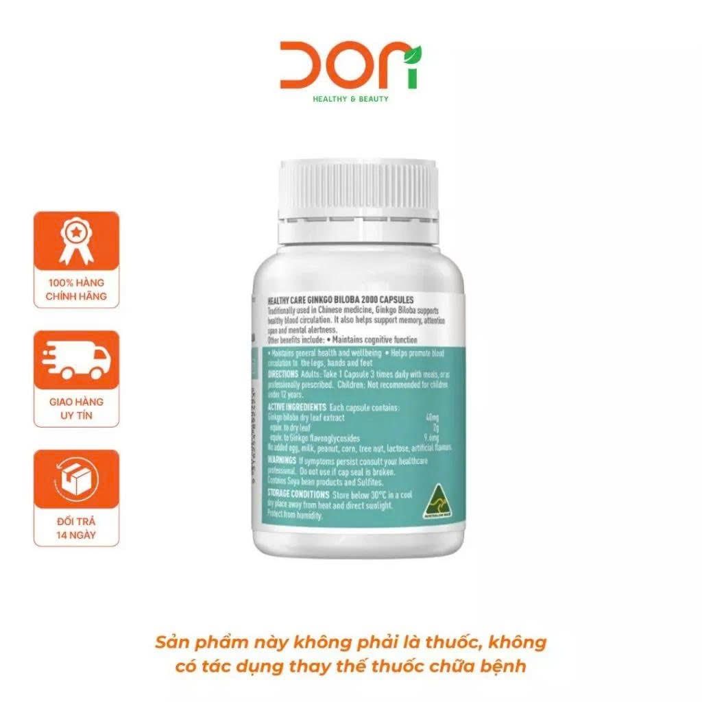  Viên Uống Bổ Não, Tăng Tuần Hoàn Não Healthy Care Ginkgo Biloba 2000mg (100 viên/Lọ) 