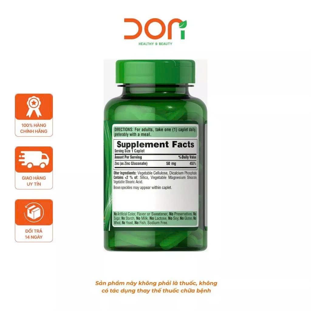  Viên Uống Bổ Sung Kẽm, Tăng Cường Đề Kháng Puritan’s Pride Zinc Gluconate 50mg (100 Viên/Lọ) 